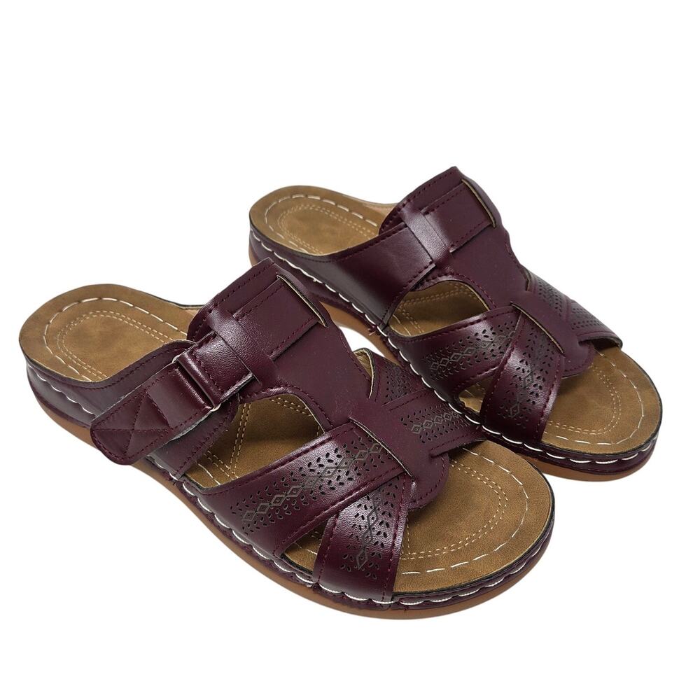 Orthopedic Faux Leather Burgundy Slip On Wedge Sandals Comfort Shoes Size 39